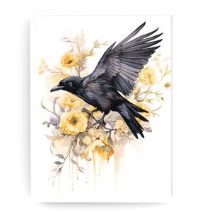Watercolor Floral Crow Raven Wall Art Illustration Print Poster Card Unframed